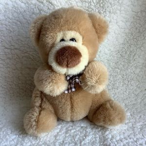 GUND 1993 Plush Tan Sitting Bear w Big Nose and Bow Stuffed Animal Toy